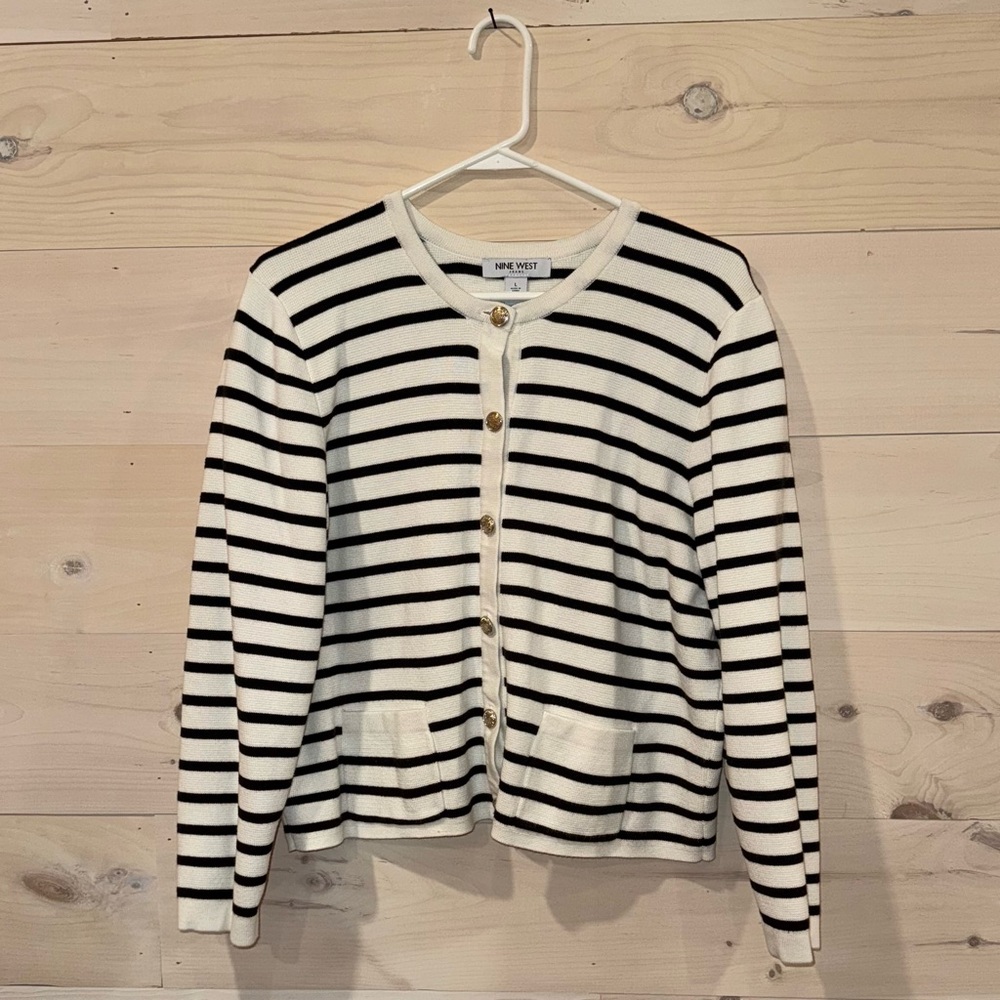Nine West Women's Striped Cardigan - Black and White